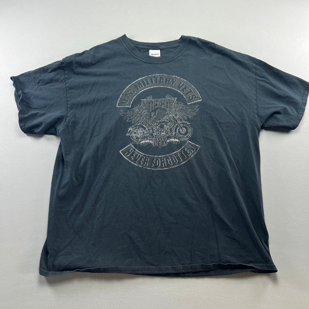 Gildan T Shirt Mens 2XL Black POW MIA US Military Vet Never Forgotten Motorcycle